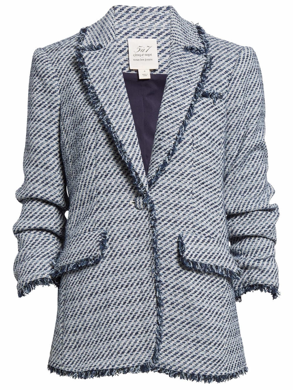cinq a sept Navy and White Tweed Fringe Blazer size 6